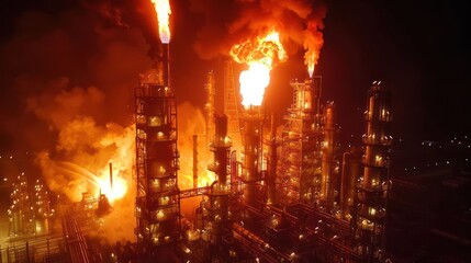 Industrial refinery at night with flames and smoke, showcasing energy production and urban skyline