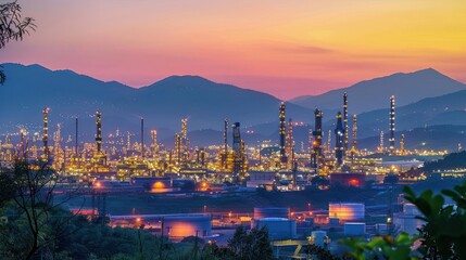 Fototapeta premium Vibrant sunset over an industrial landscape with illuminated refinery structures and mountains