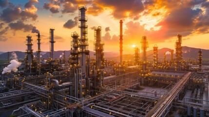 Obraz premium Sunset over a sprawling industrial complex with smokestacks and pipelines against mountains