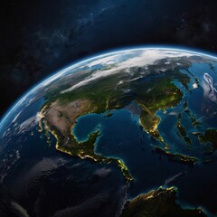 Fototapeta premium a hyper-realistic image of full Earth from space, with the planet mostly in dark shadows, using deep blues and dark blues to create a mysterious atmosphere. The planet should be visible from a medium 