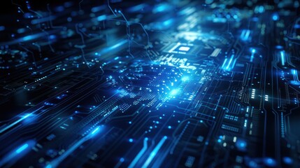 Obraz premium Abstract representation of a high-tech circuit board with glowing blue lights and intricate patterns