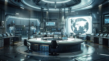 High-tech control room with circular desk, multiple screens, and world map projection in background