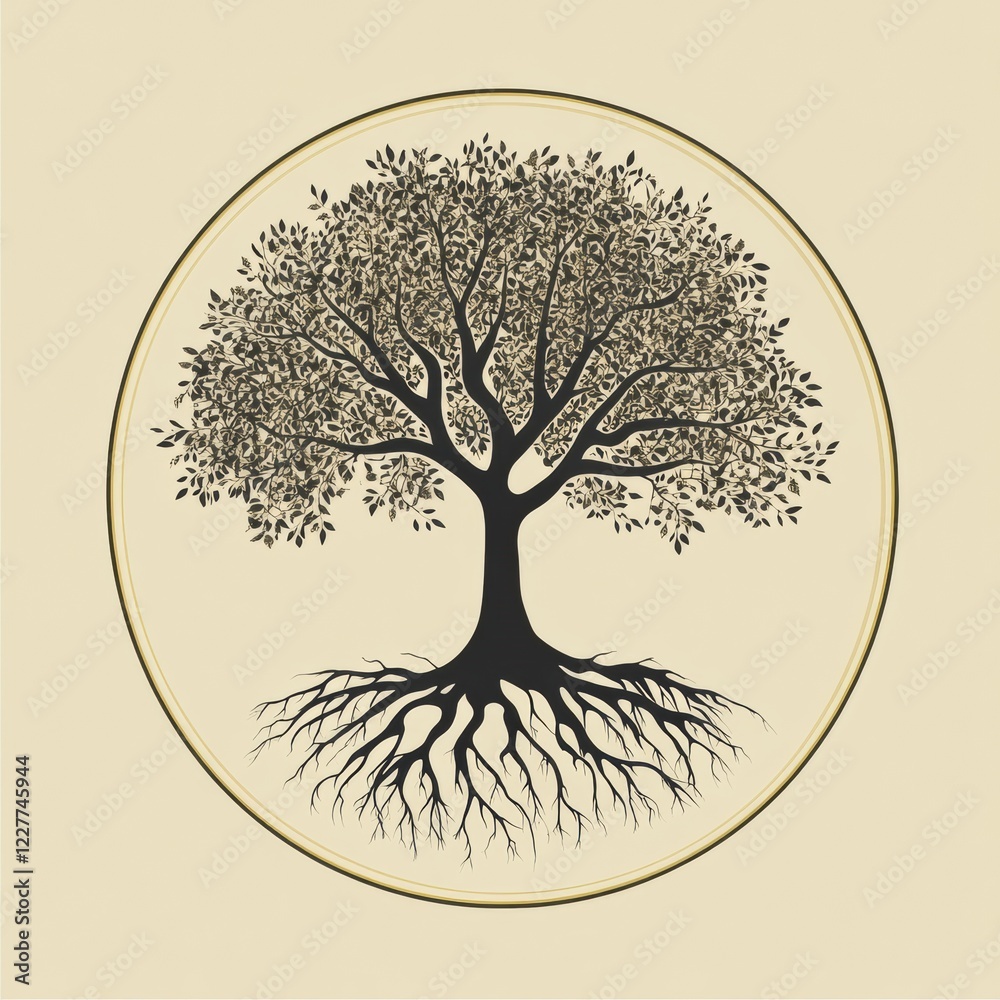 Aufkleber Symbolic tree of life showcasing intricate roots and branches in a beautifully designed circle. Generative AI