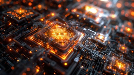Close-up view of intricate glowing microchips in a futuristic circuit board setting