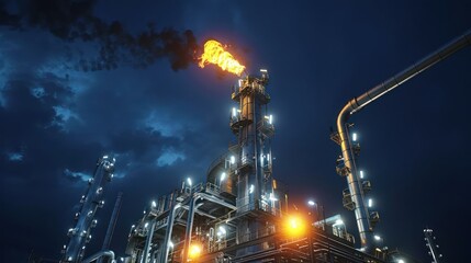 Fototapeta premium Industrial facility at night with flames and smoke against a dramatic sky, showcasing energy production