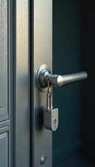 Obraz premium Sleek chrome door handle with lock on metal front door, chrome, handle