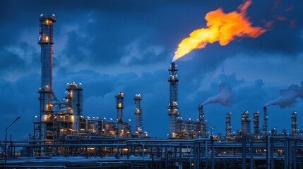 Fototapeta premium Industrial complex at dusk with flaring gas, showcasing smokestacks and illuminated structures