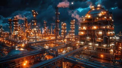 Obraz premium Nighttime view of a bustling industrial complex with illuminated structures and smoke