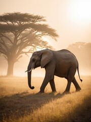 Fototapeta premium Majestic elephant gracefully roams through a serene golden landscape