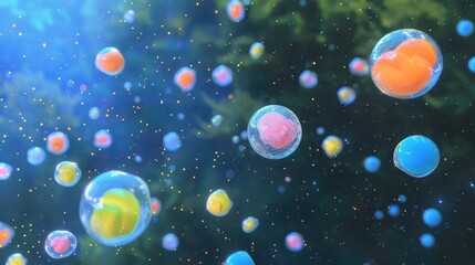 Colorful bubbles floating in a vibrant underwater scene with shimmering light effects