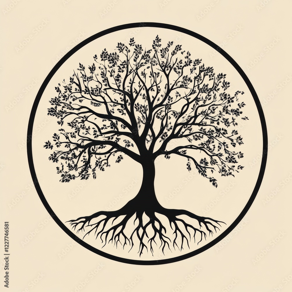Fototapete Symbols of growth with a beautiful tree of life and its intricate roots in a circular design. Generative AI