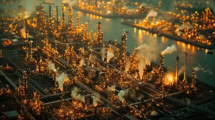 Fototapeta premium Aerial view of a bustling industrial complex at dusk, with glowing lights and smoke rising