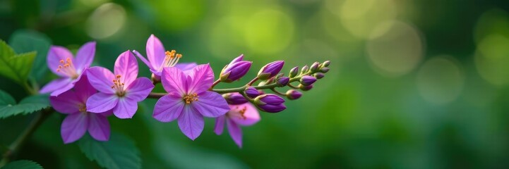 Fototapeta premium Single isolated purple flowering vine stem with blooms, purple, green