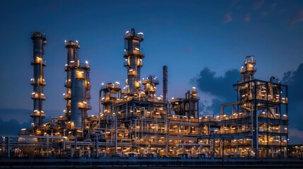 Fototapeta premium Illuminated industrial complex at dusk showcasing machinery and structures against a twilight sky