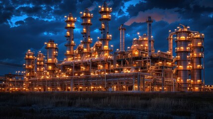 Fototapeta premium Industrial complex illuminated at dusk, showcasing machinery against a dramatic sky