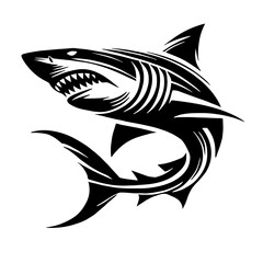 A black and white silhouette of shark, minimalist stroke lines, minimalist art, vector, isolated, transparent background