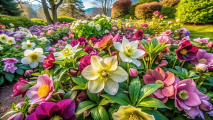 Fototapeta premium Stunning aerial photography showcases a vibrant spring garden bursting with hellebores; a Christrose spectacle.