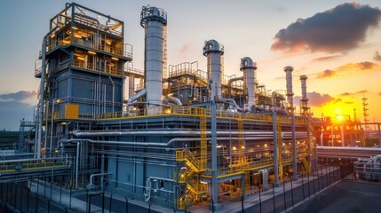 Fototapeta premium Industrial power plant at sunset with machinery, pipes, and smoke stacks against a vibrant sky