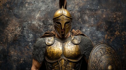 Ancient Greek Warrior in Shining Armor and Elaborate Helmet