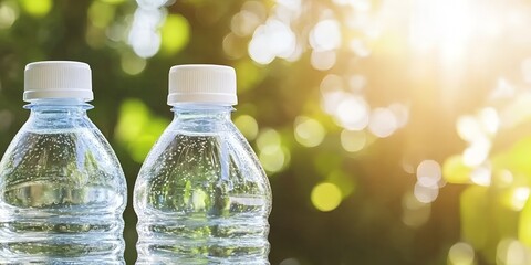Refreshing Bottled Water in Sunny Outdoor Setting Two Plastic Bottles