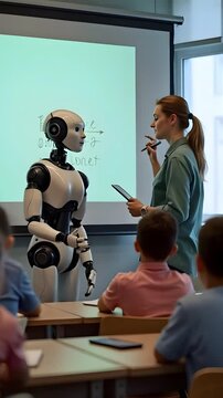 A woman teaches students about robotics, interacting with a humanoid robot in a classroom environment, showcasing technology and education concepts