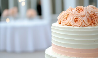 White and pink wedding cake with flowers, ready for the celebration