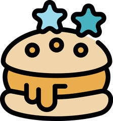 Cartoon burger with melting cheese and sesame seeds receives a five star rating, symbolizing its delicious taste and high quality