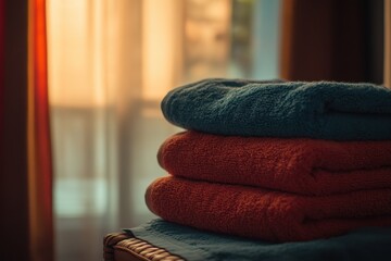 Comfortable towels stacked neatly next to a sunlit window in a cozy setting
