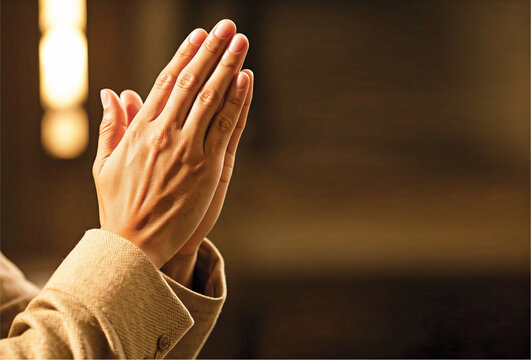 Praying hands with faith copy space greeting card, poster and banner. AI generated human hands in religion worship. Power of hope or love and devotion. Namaste or Namaskar hands gesture. 