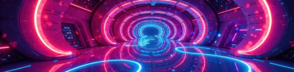 Futuristic podesteum with glowing floor, floor lamps, lighting effects, futuristic