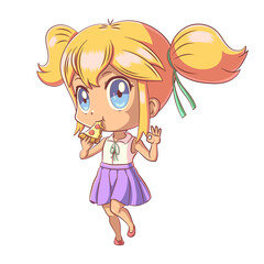 Girl eating pizza, hand ok sign