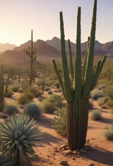 Saguaro cactus and agave plant in the Sonoran desert during golden hour, desert flowers, agave plant, warm tones