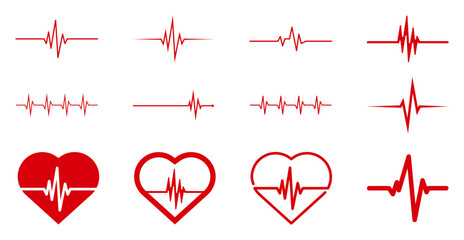 Ensemble d'icônes cardiogramme, domaine médical, étude du cœur, cardiologie, unicolore, rouge, vecteur