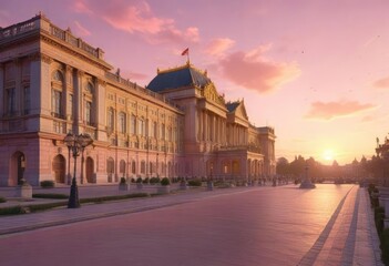Fototapeta premium Royal palace with golden glow and soft pink hues in the fading sunset, soft light, pink hue, royal palace