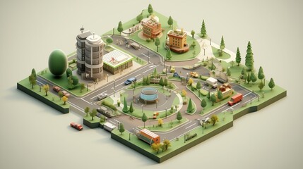 3D Isometric City Park Icons Featuring Green Spaces, Market Stalls, and Events