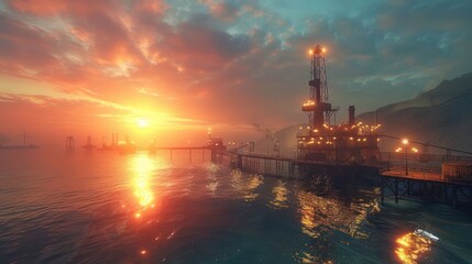 Sunset over an offshore oil rig with reflections on water and distant silhouettes of platforms