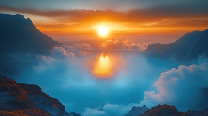 Serene Mountain Lake at Sunset with Clouds Reflecting Golden Light on Water Surface