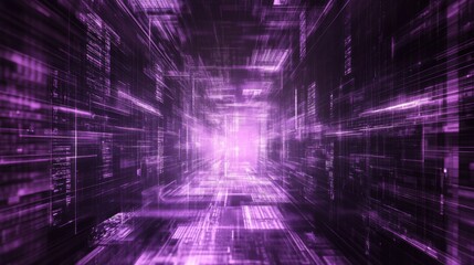 a purple and black tunnel with a light at the end