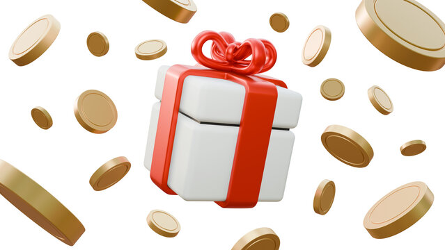 Floating gift box with gold coins on white background. You win prize banner on white background. Loyalty program and get rewards. Money prize reward. Casino or Online game winner.