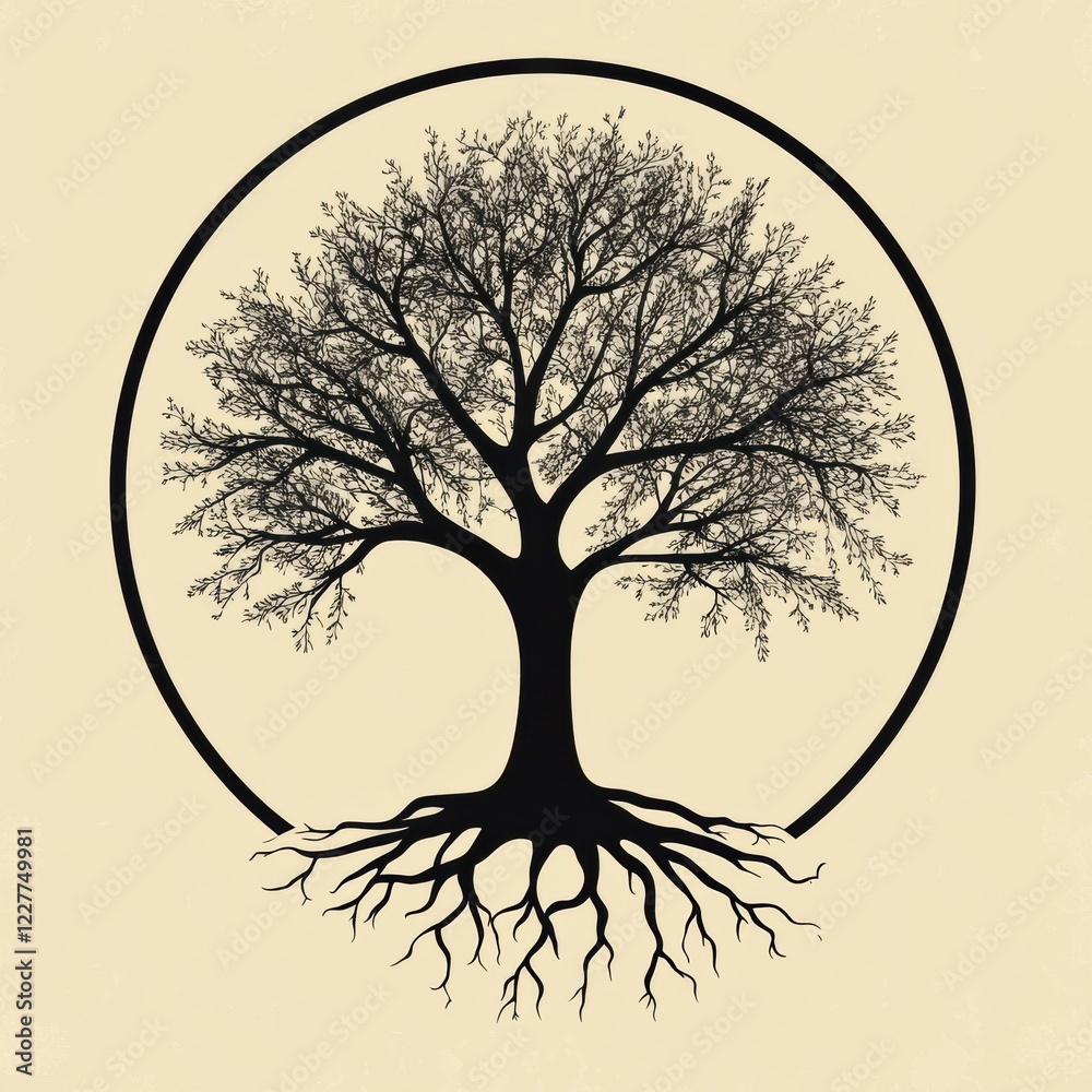 Poster exploring the connections of the tree of life showcasing intricate roots and branches in a tranquil 