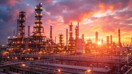 Industrial landscape at sunset showcasing a refinery with glowing lights and dramatic clouds