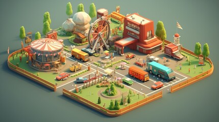 3D Isometric City Public Park with Food Truck, Carousel, and Sports Area