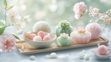 an assortment of colorful rice cakes in pastel shades of pink, green, and white, beautifully displayed on a bamboo tray, decorated with fresh flowers