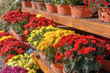A beautiful assortment of chrysanthemums in red, yellow, and white colors is displayed in terracotta pots on wooden shelves. The vibrant flowers are bathed in sunlight.