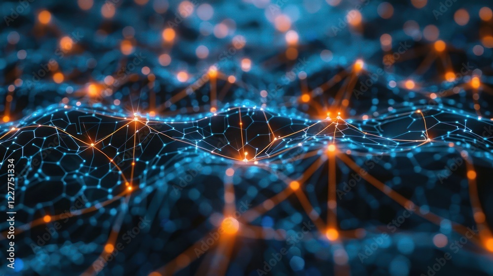 Poster abstract representation of interconnected nodes and glowing lines in a digital network environment