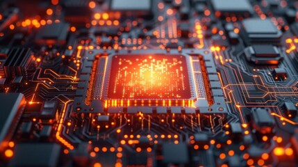 Obraz premium Close-up view of a glowing microchip on a circuit board with intricate connections and lights