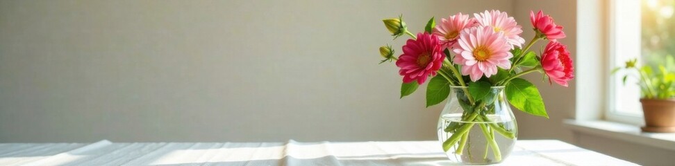 Obraz premium Fresh flowers in vase on white tablecloth, flower decor, decoration, art