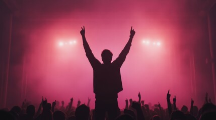 Fototapeta premium Silhouetted person with raised arms at a concert.