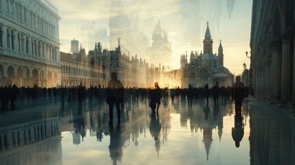 Obraz premium Reflective Venice: A City in Silhouette at Dawn