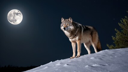 Obraz premium a solitary wolf stands majestically under a full moon in a snowy landscape